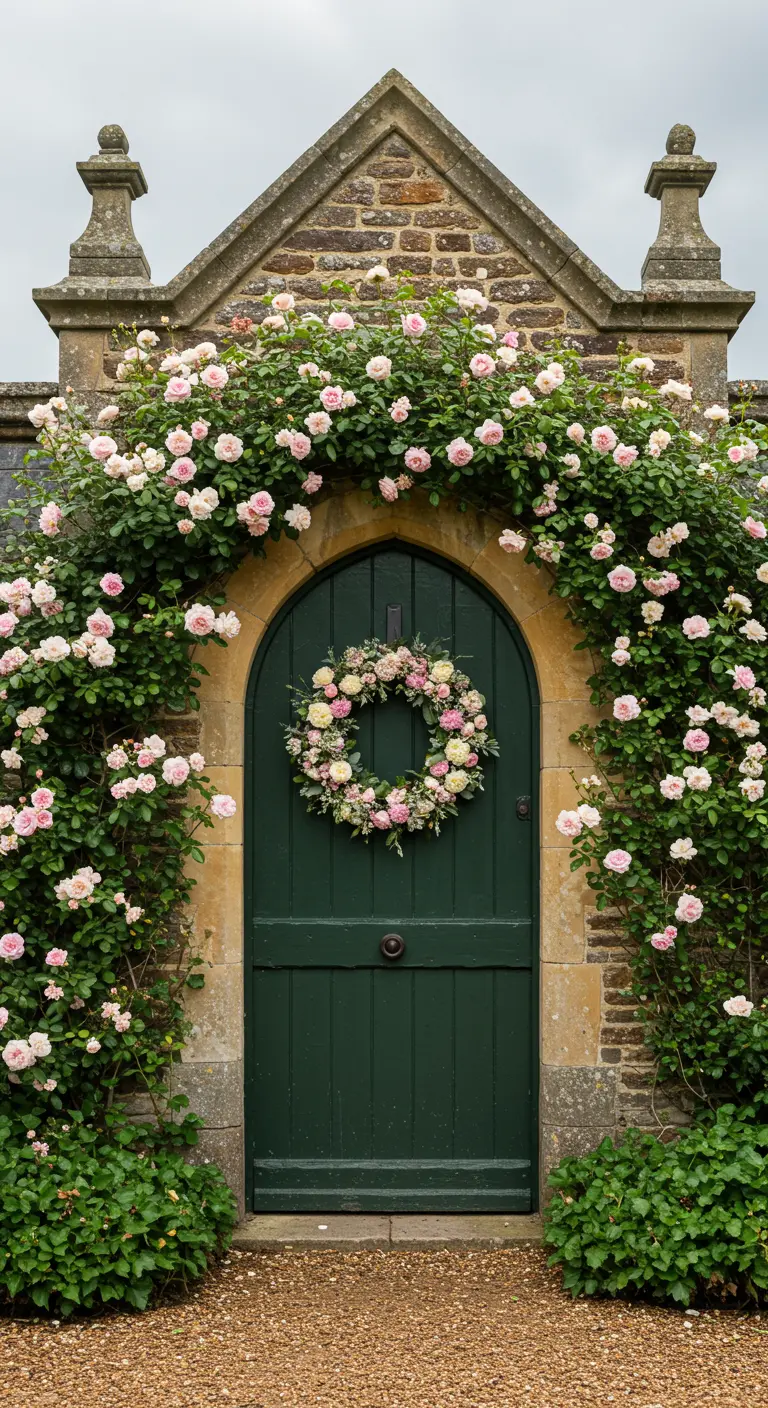 Puerta verde en arco rodeada de rosales con corona a juego.