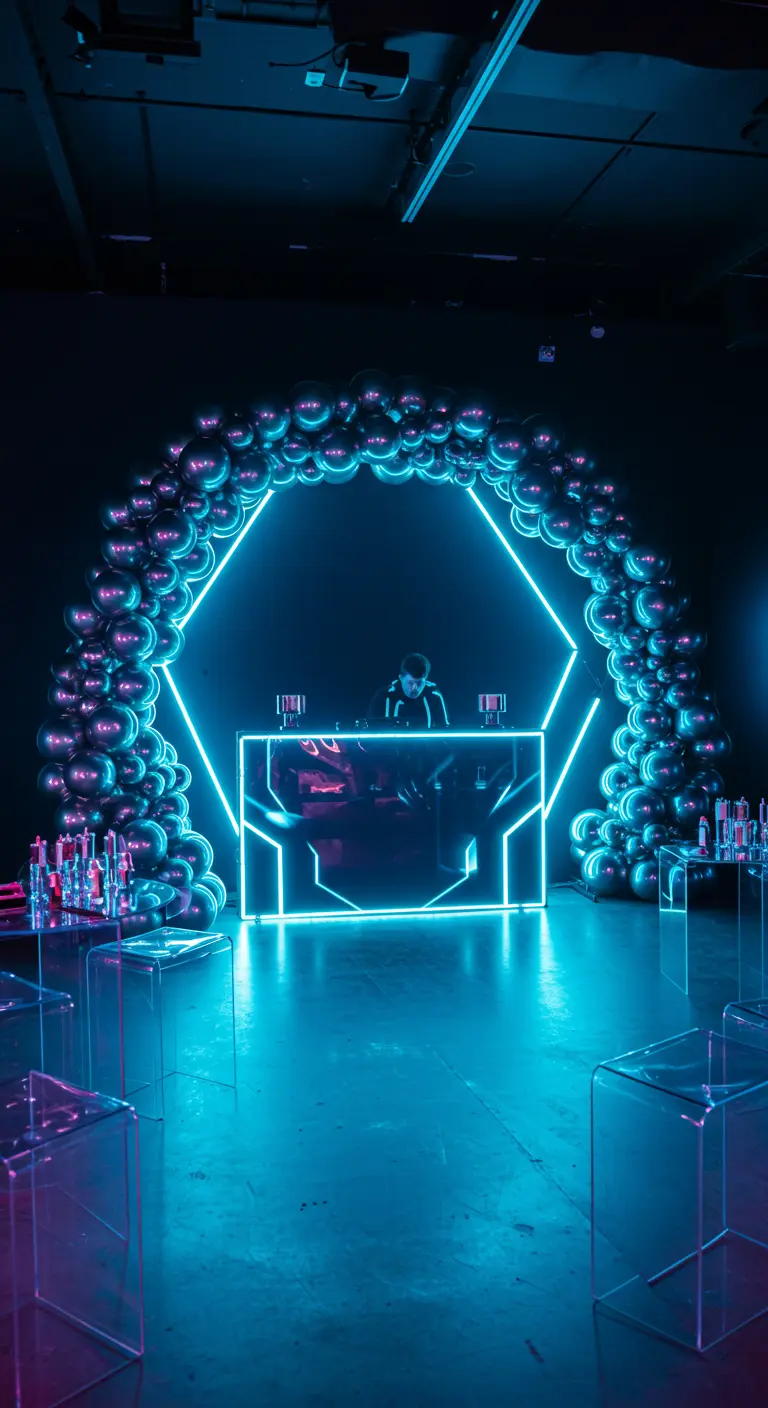 Arco de globos oscuros rodeando una cabina de DJ iluminada con neón azul.
