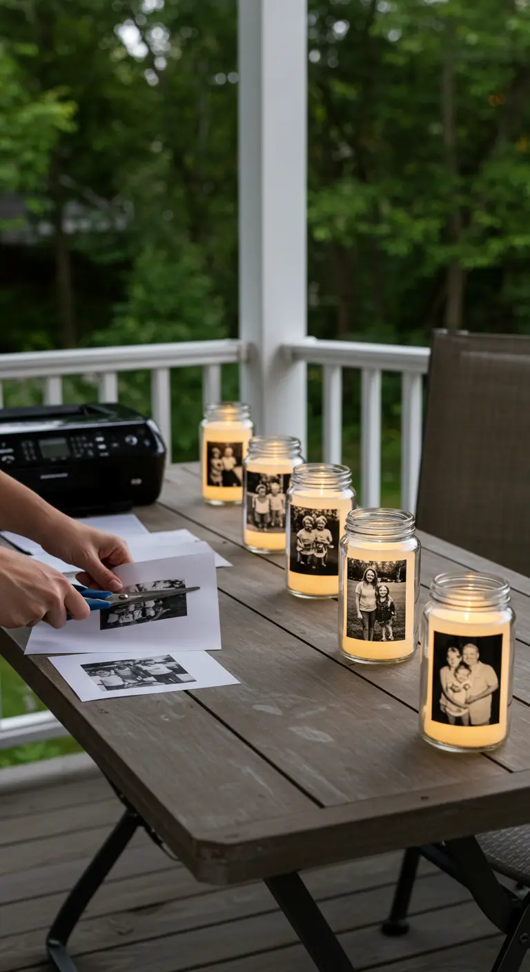 Persona recortando fotos en blanco y negro para pegarlas en frascos y crear portavelas personalizados.