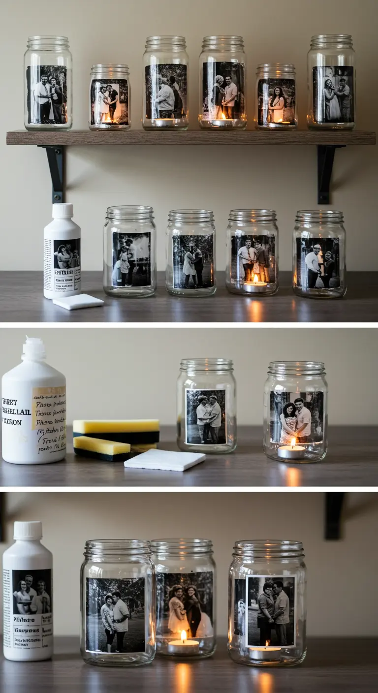 Proceso de transferir fotos en blanco y negro a frascos de vidrio para usarlos como portavelas.