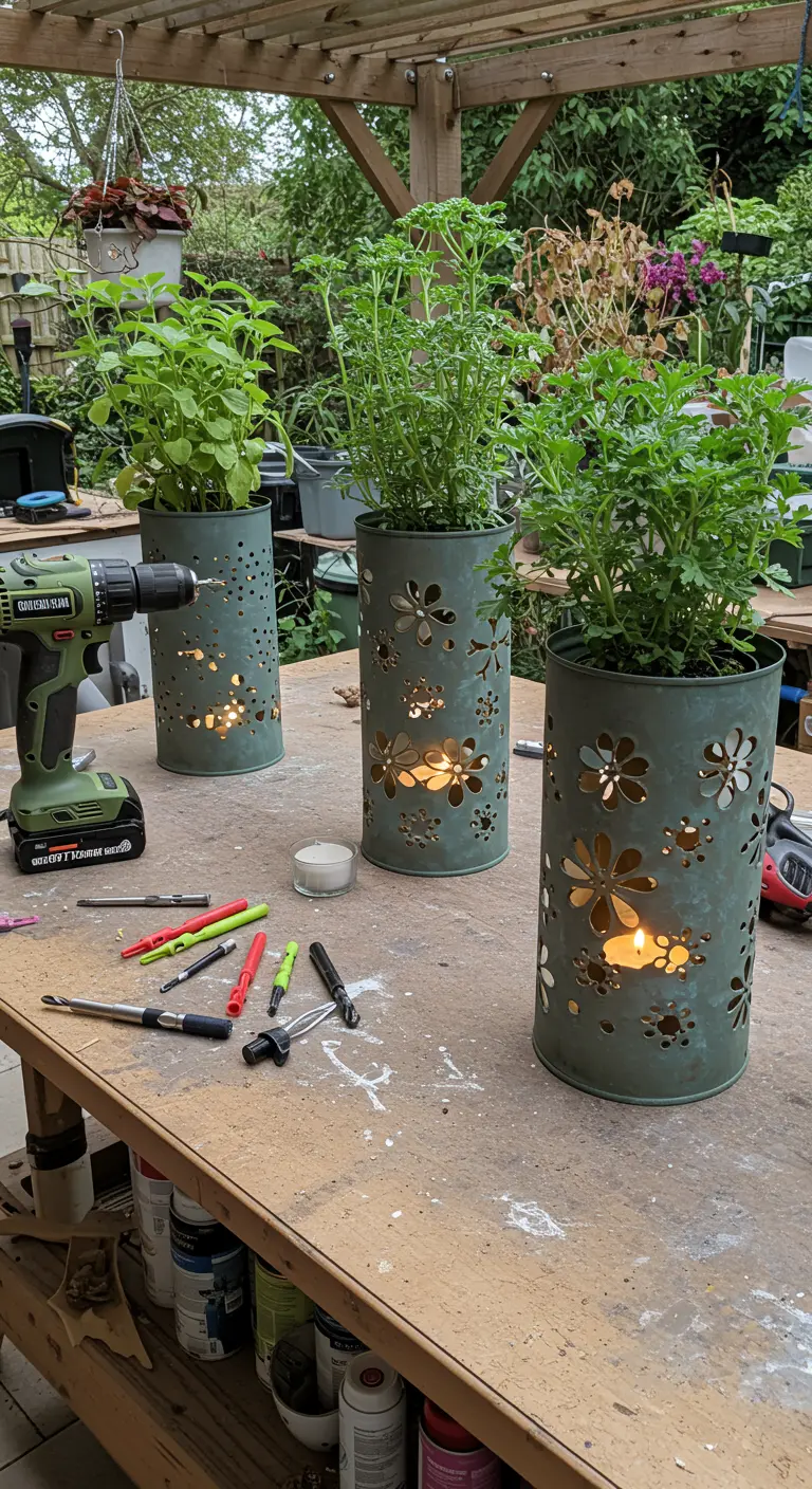 Latas de metal verde perforadas con patrones de flores para usar como portavelas.