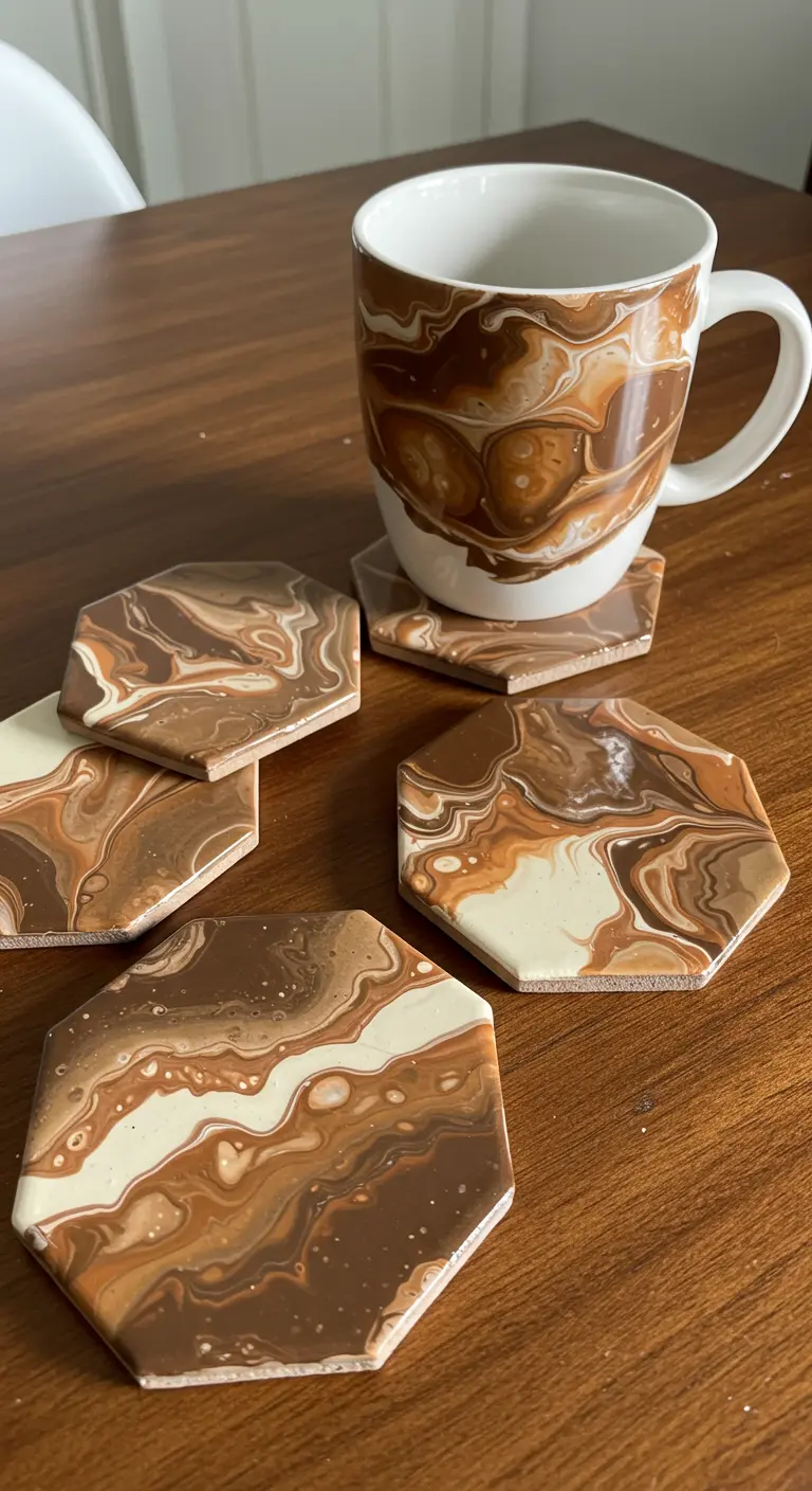 Posavasos hexagonales y una taza a juego con pintura fluida en tonos marrones de café