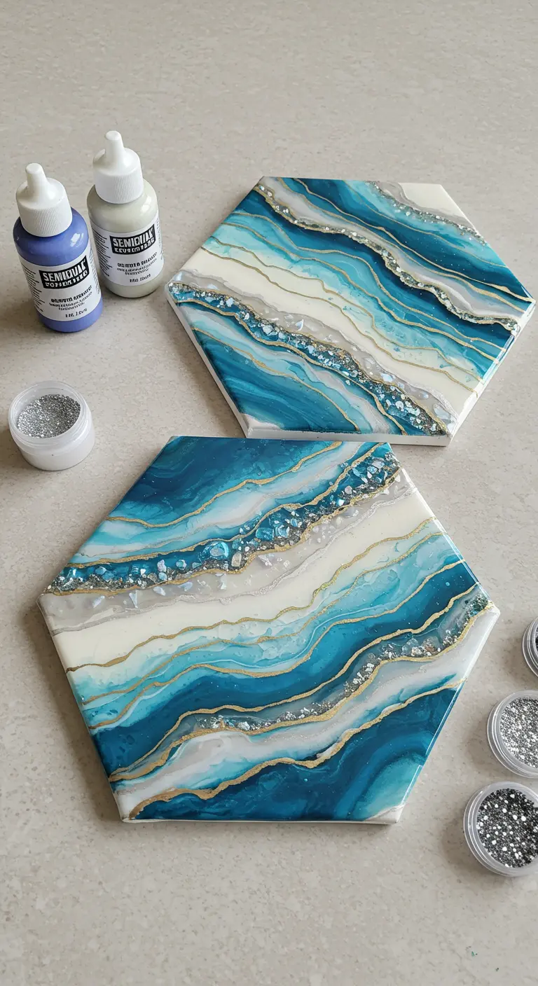 Posavasos hexagonales DIY con arte fluido azul, blanco y detalles de purpurina plateada
