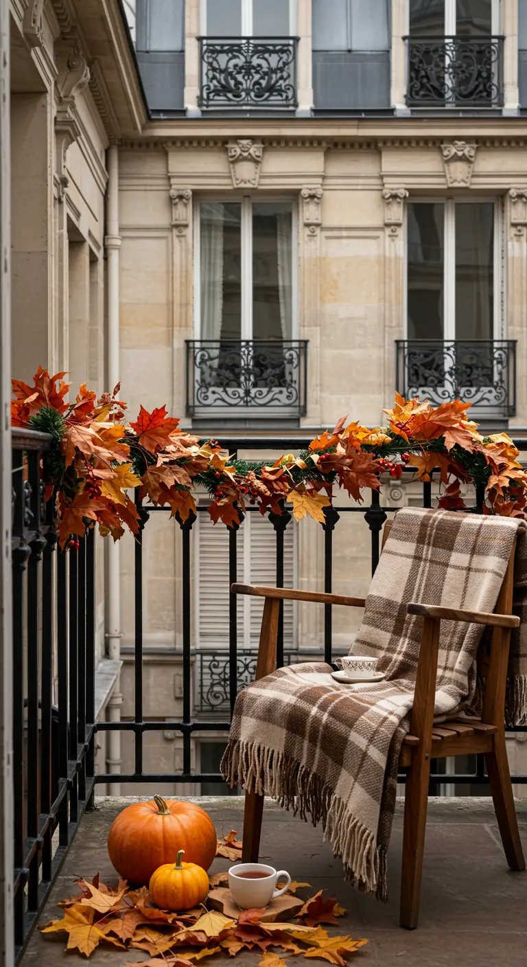 Decoración de otoño en un balcón con calabazas, hojas secas y una manta de cuadros