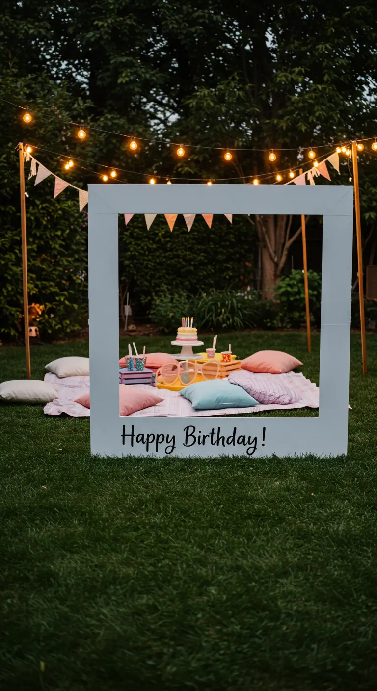 Marco de photocall gigante azul pastel con 'Happy Birthday' en un pícnic en el jardín.