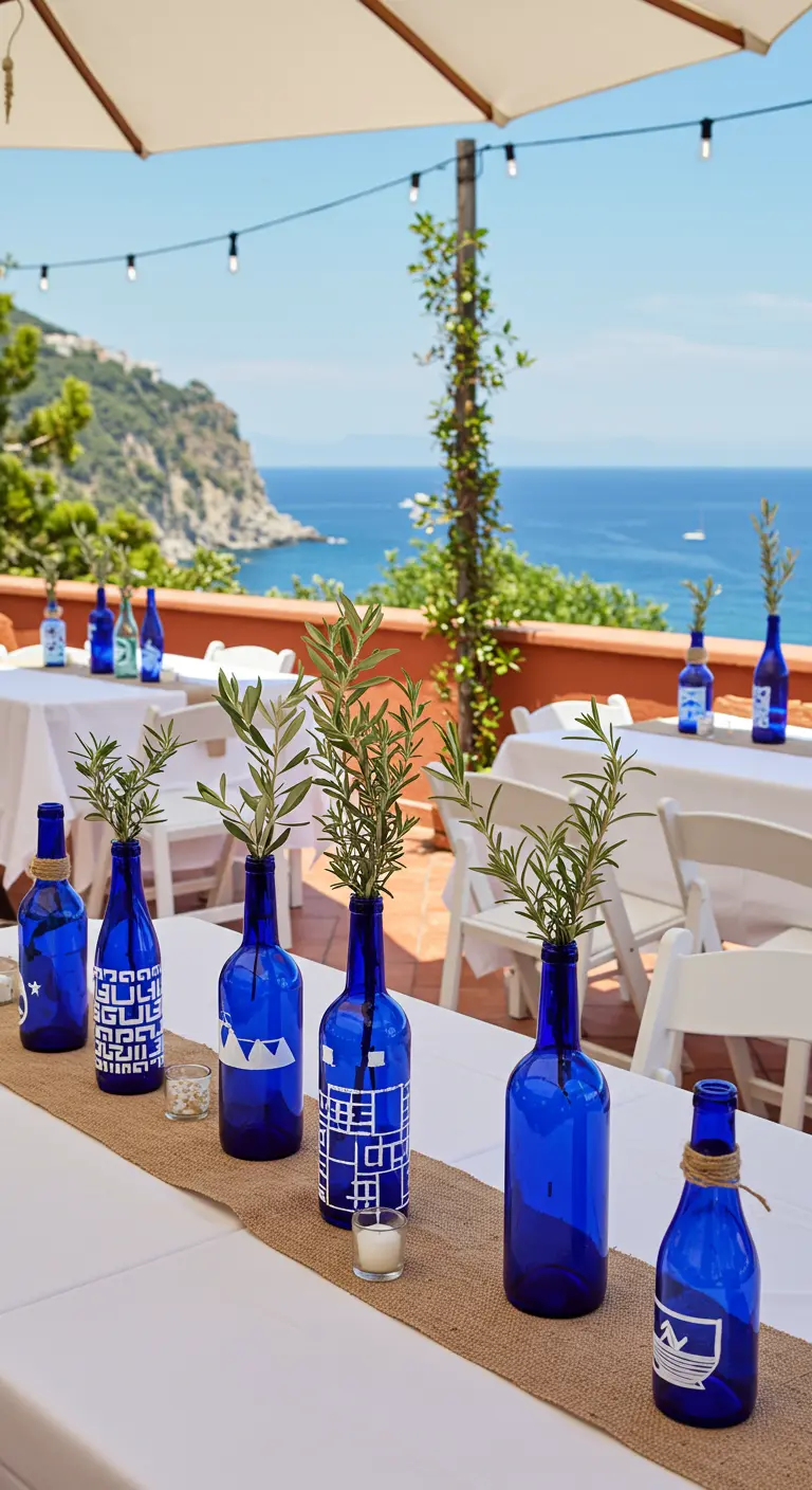 Mesa al aire libre con botellas azul cobalto pintadas de blanco y ramas de olivo.
