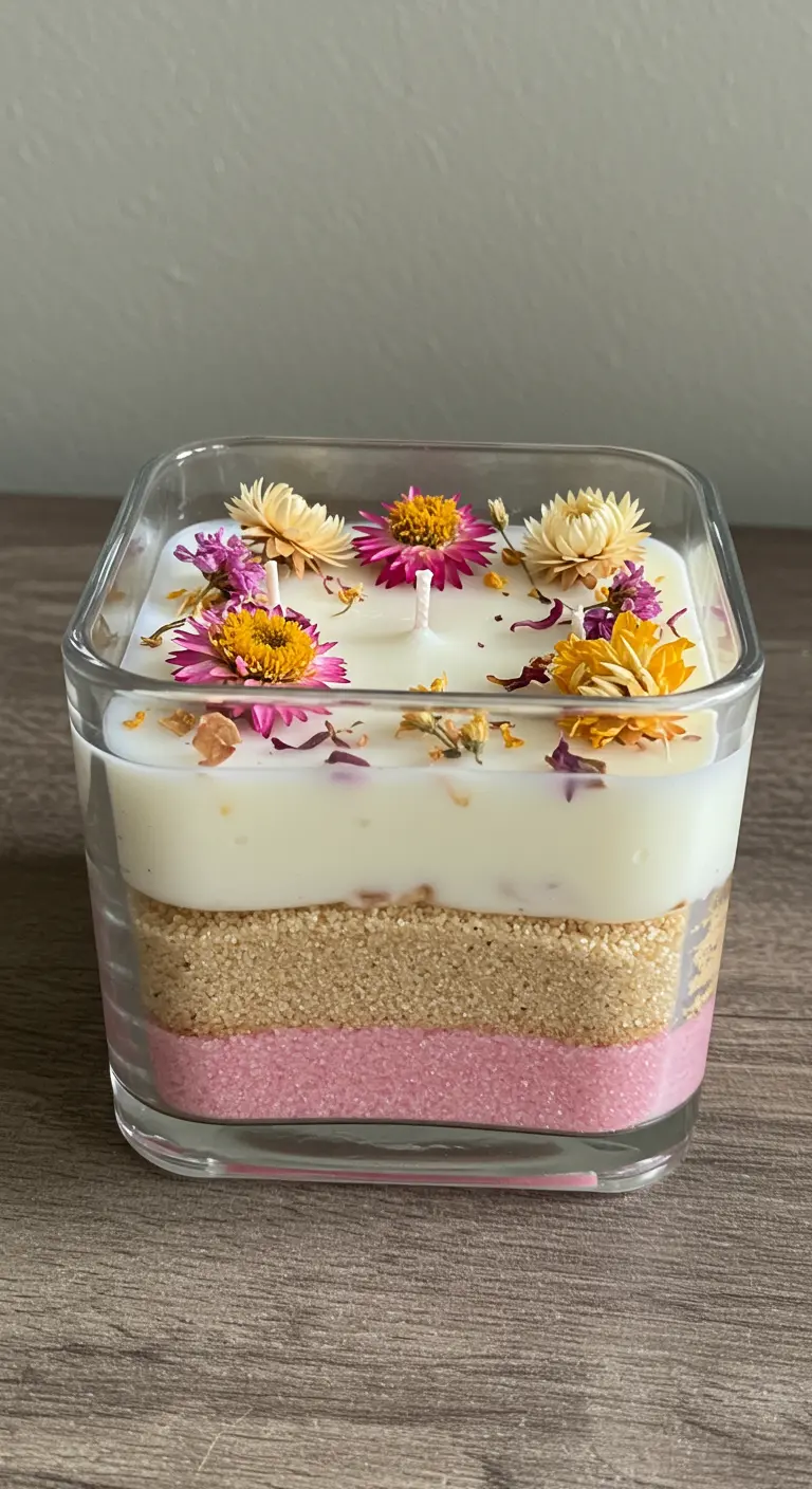 Vela en vaso cuadrado con capas de arena de colores y flores.