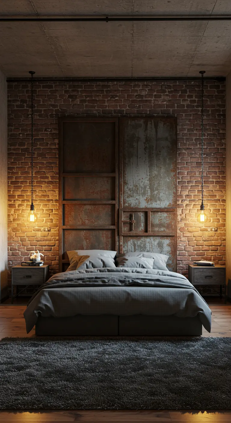 Cabecero de cama de metal oxidado en un dormitorio con pared de ladrillo y luces colgantes.