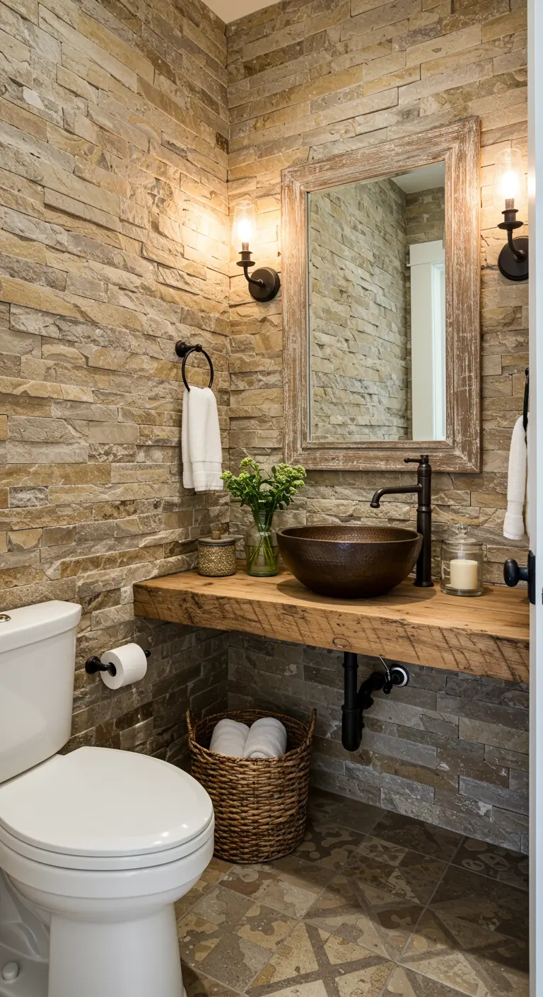 Baño pequeño con pared de piedra, encimera de madera flotante y lavabo de cobre.