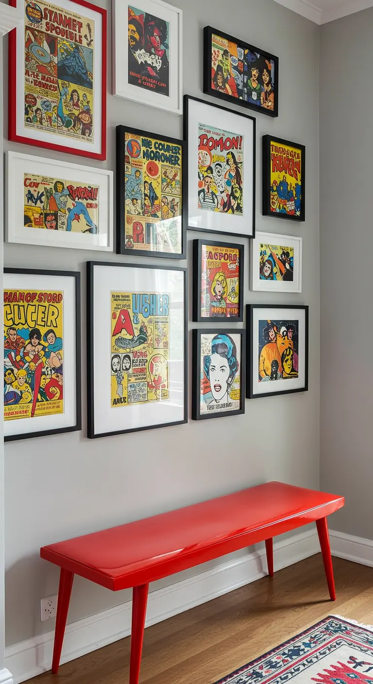 Pared de galería con cómics enmarcados y un banco rojo brillante de estilo retro.