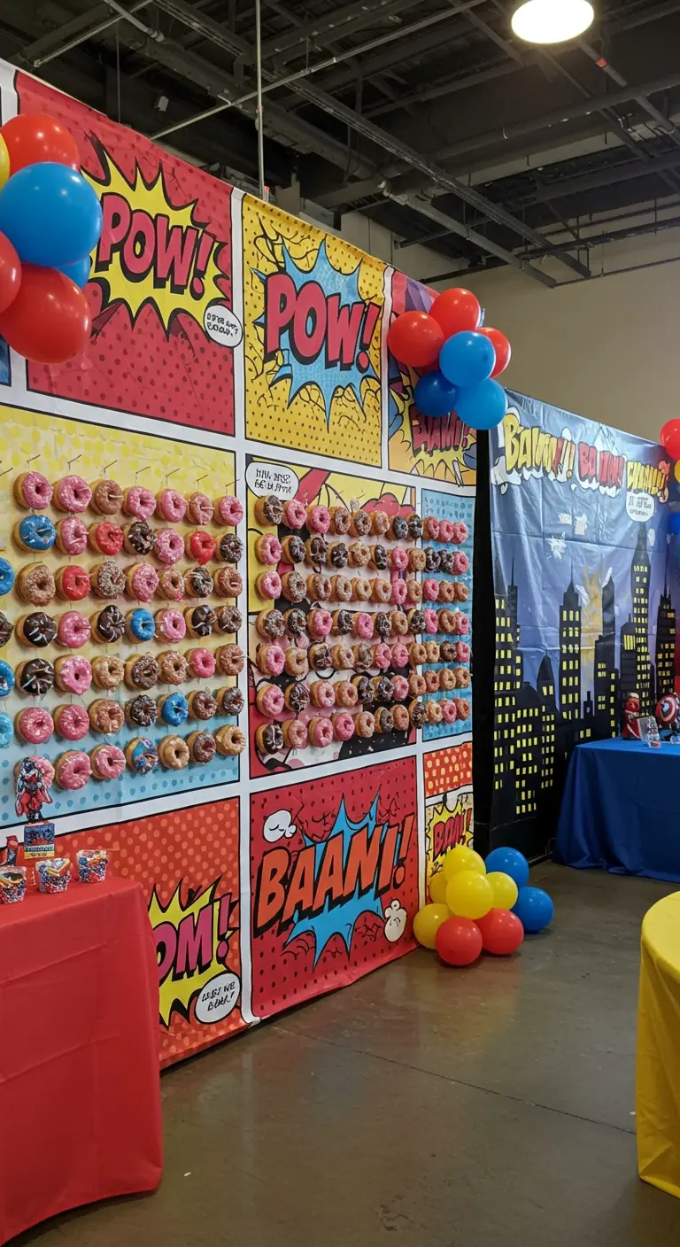 Pared de donuts montada sobre un fondo de cómic de superhéroes con globos de colores.