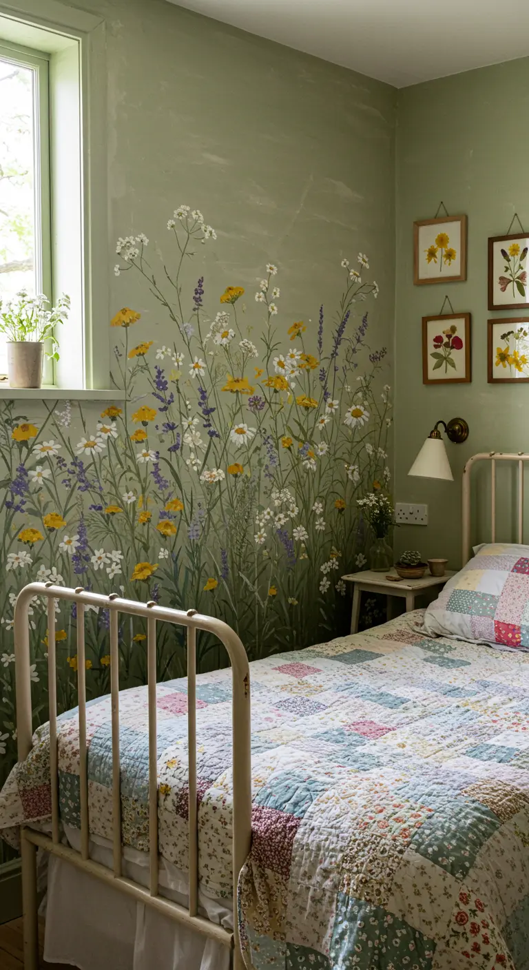 Mural de un campo de flores silvestres en un dormitorio de estilo cottage.