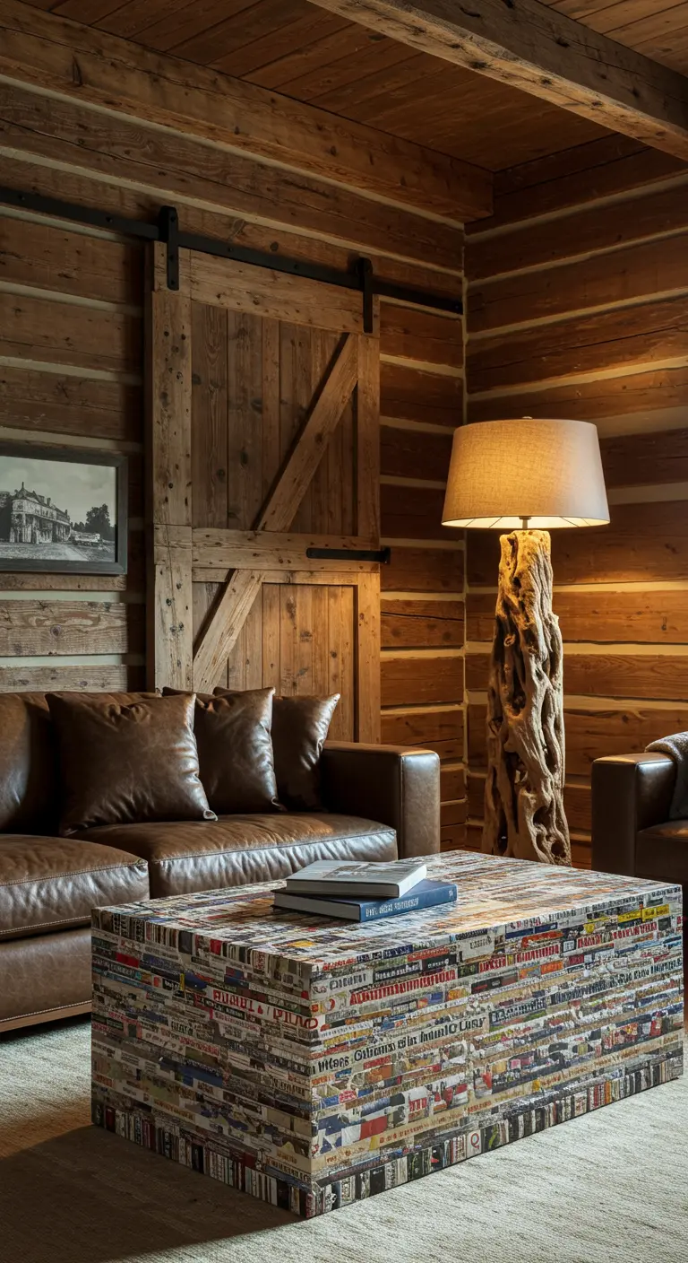 Mesa de centro rústica decorada con tiras de revistas y periódicos enrollados en una cabaña de madera.