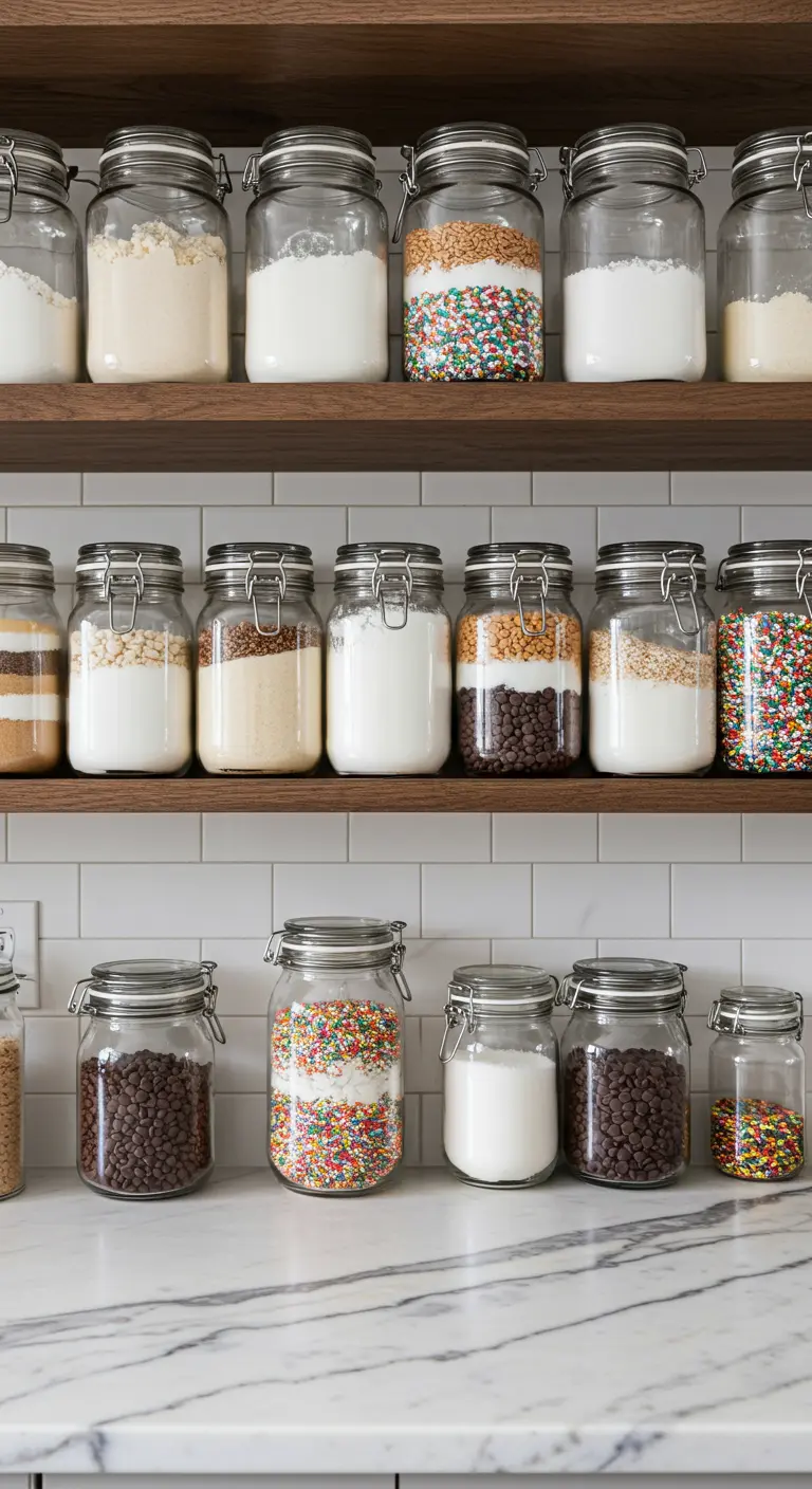 Frascos de vidrio en estanterías llenos de ingredientes para hornear en capas, como harina y chispas de colores.