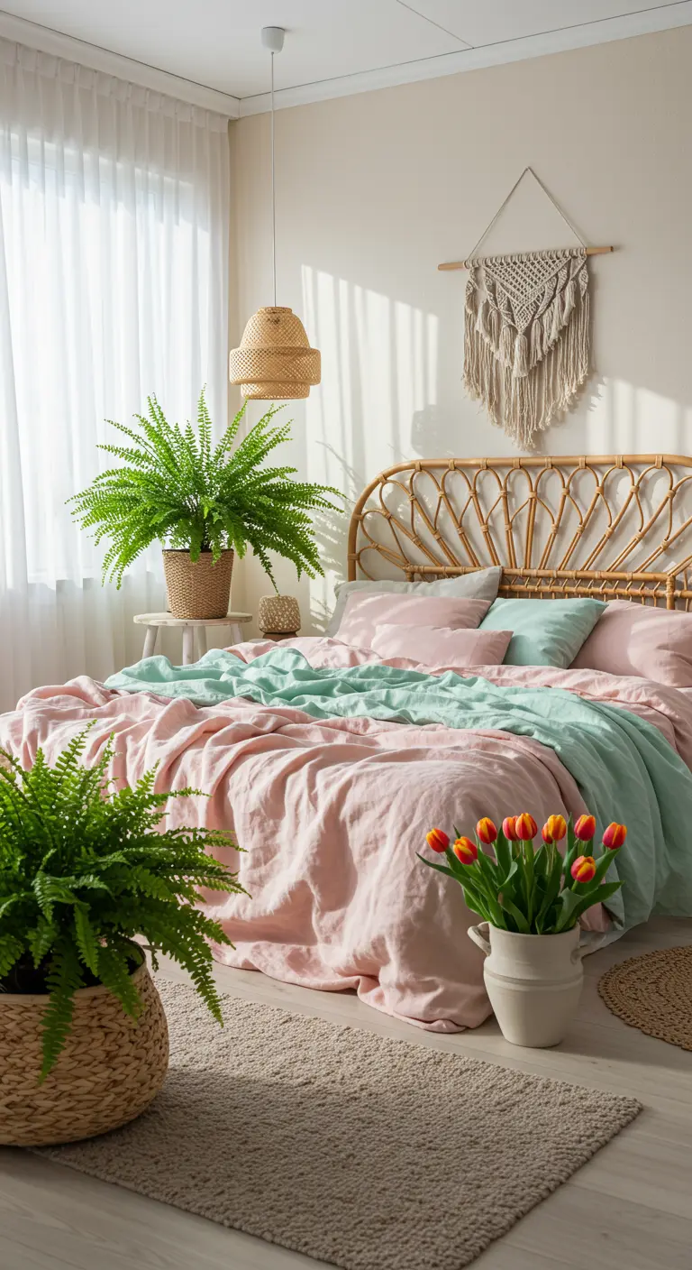 Dormitorio bohemio primaveral con ropa de cama rosa y menta, cabecero de ratán y plantas.