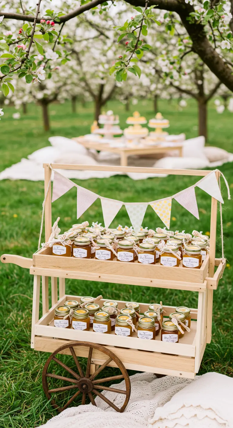 Carrito de madera con dos niveles llenos de tarritos de miel personalizados para una fiesta al aire libre.