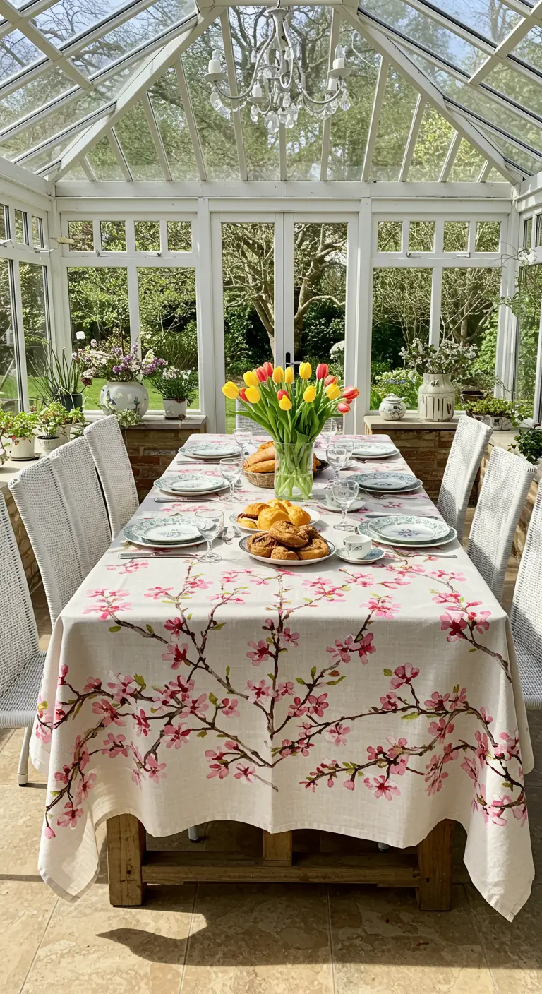 Mantel con flores de cerezo pintadas en una mesa en un invernadero soleado.