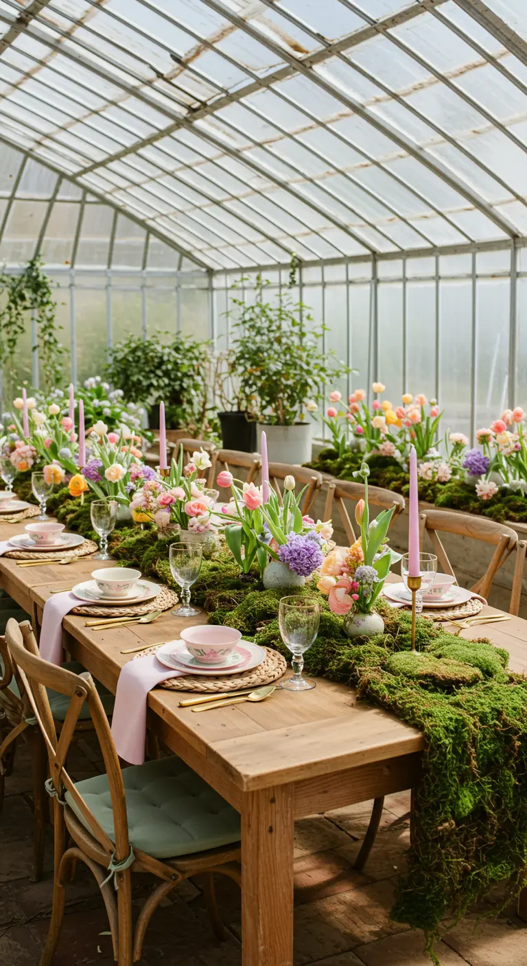 Mesa de banquete en un invernadero con un camino de musgo, tulipanes y velas rosas.