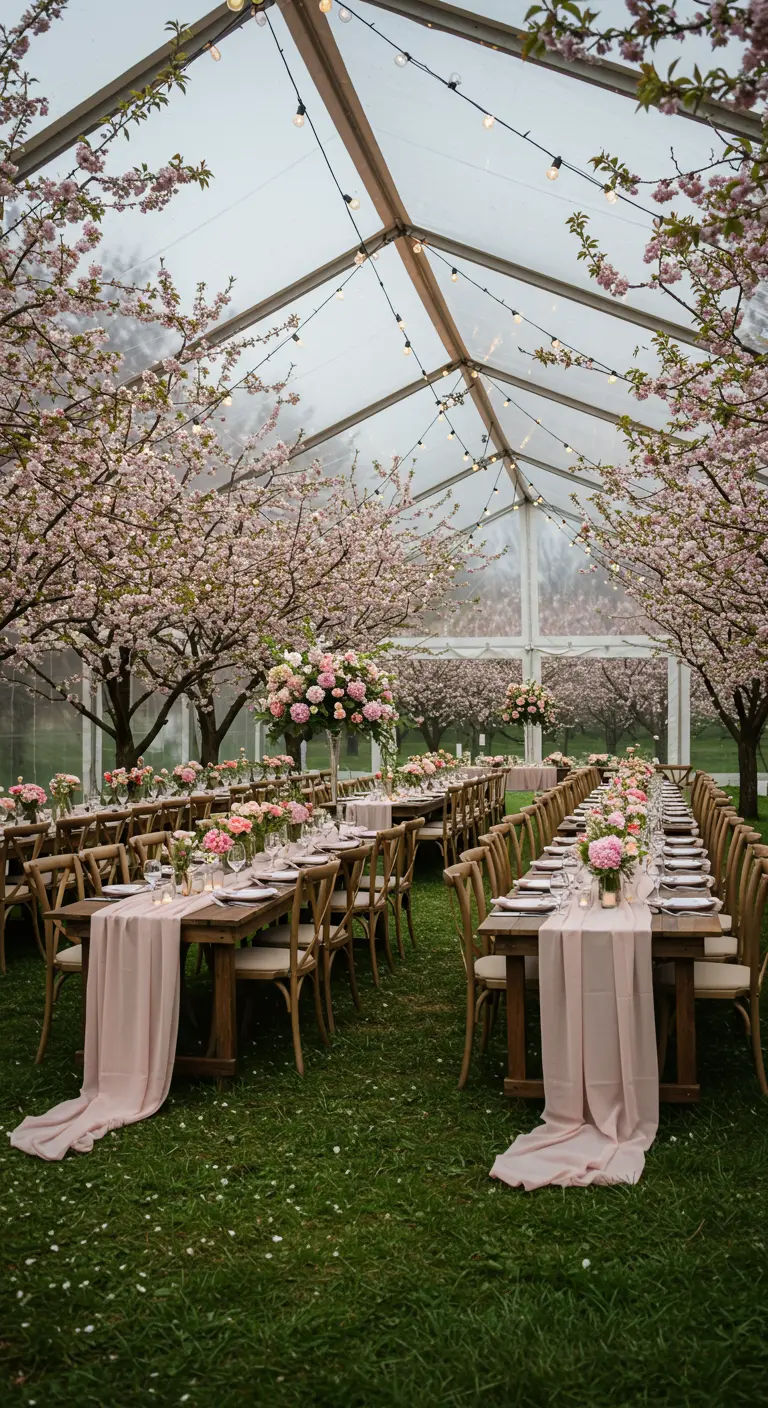 Mesas de boda en un jardín con carpa transparente y cerezos en flor.