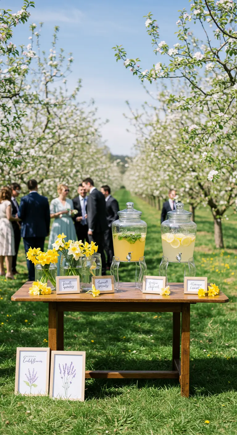 Mesa de bebidas con dispensadores de limonada en un huerto de árboles en flor.