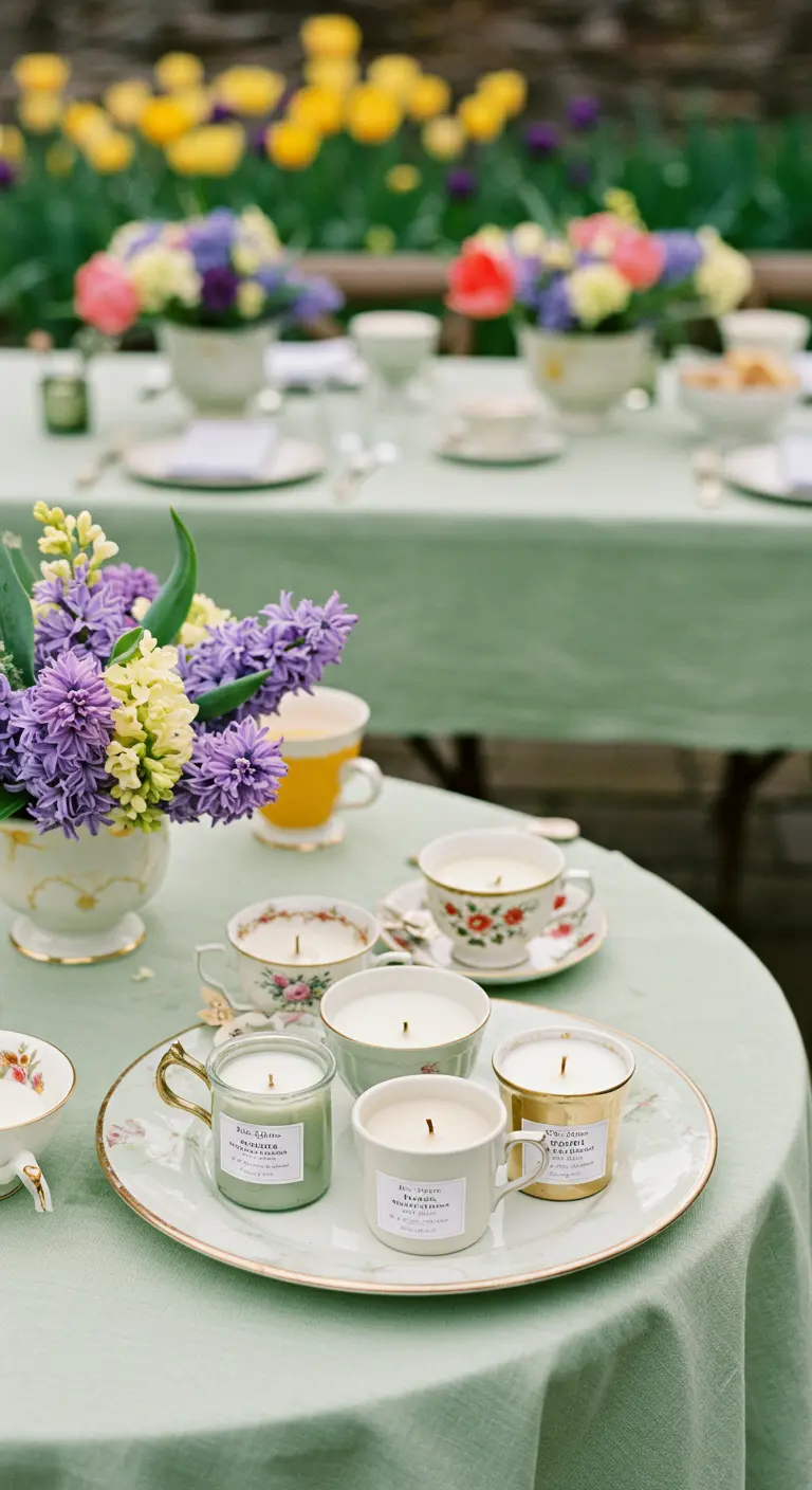 Velas caseras en tazas de té de porcelana vintage sobre una mesa de jardín con flores.