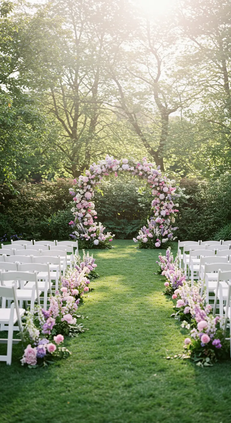 Arco de boda cubierto de flores rosas y lilas en un jardín verde con sillas blancas.