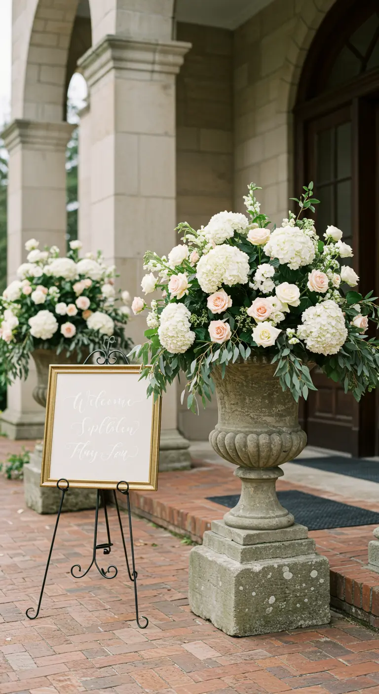 Entrada de una boda con grandes urnas de piedra llenas de flores blancas y rosas pálidas.