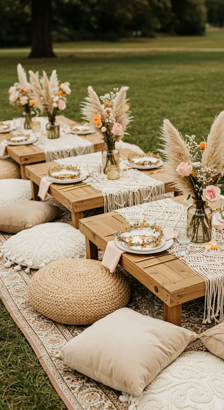 Picnic boho en el césped con mesas bajas, cojines, macramé y hierba de la pampa.