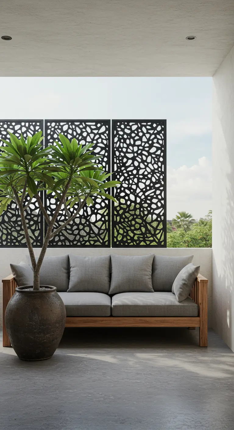 Balcón con sofá gris, maceta grande y paneles decorativos negros.