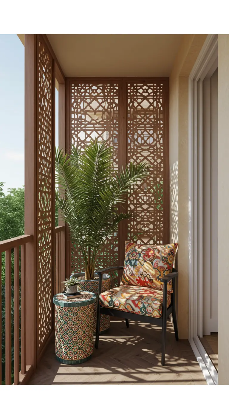 Balcón con paneles de madera calada que ofrecen privacidad y un toque decorativo.