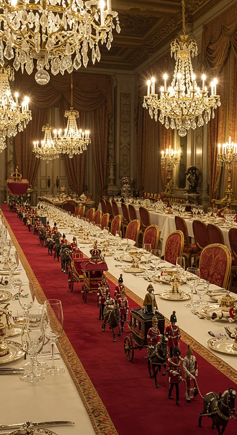 Mesa de banquete real con un camino de alfombra roja y una procesión de carruajes y guardias.