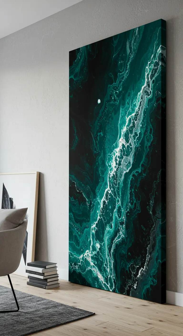 Gran lienzo vertical con pintura fluida en verde oscuro y negro, creando un efecto dramático
