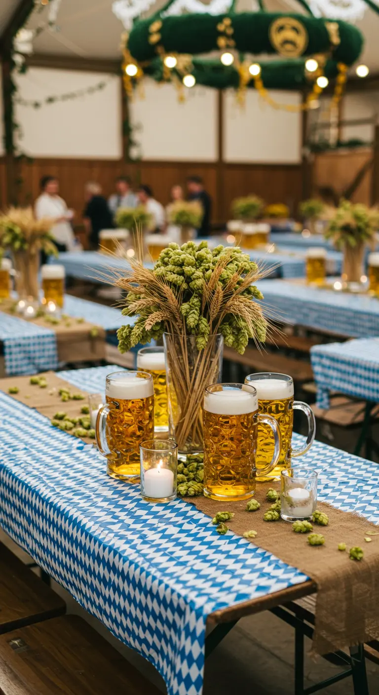 Mesa de boda estilo Oktoberfest con manteles a cuadros y jarras de cerveza.