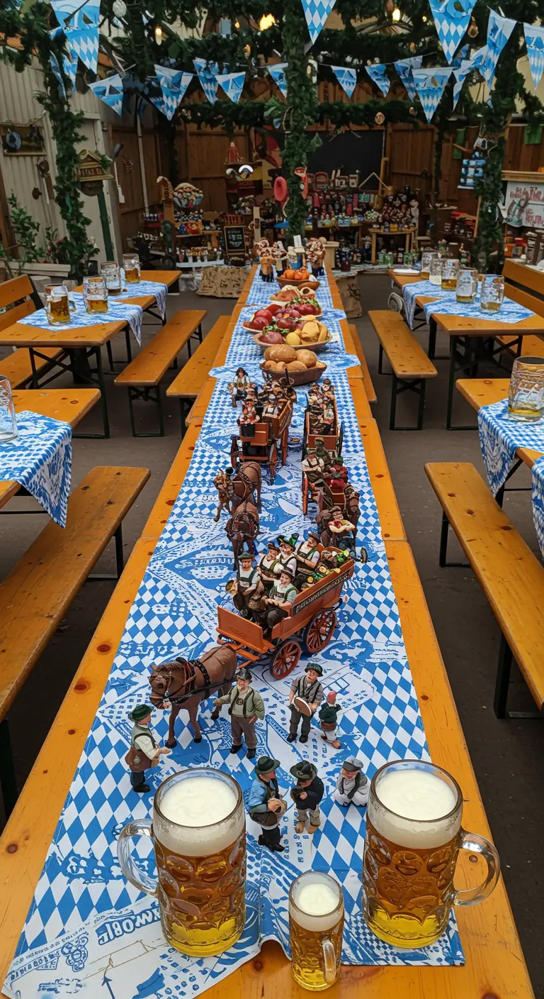Larga mesa de madera del Oktoberfest con manteles a cuadros y una procesión de carros de cerveza.