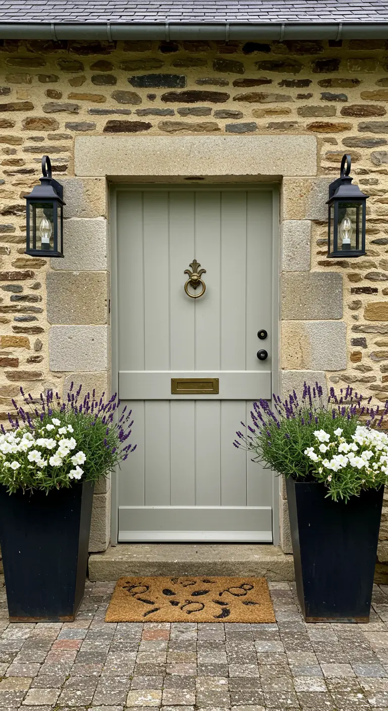 Puerta de color verde salvia en una casa de piedra, con maceteros negros llenos de lavanda.