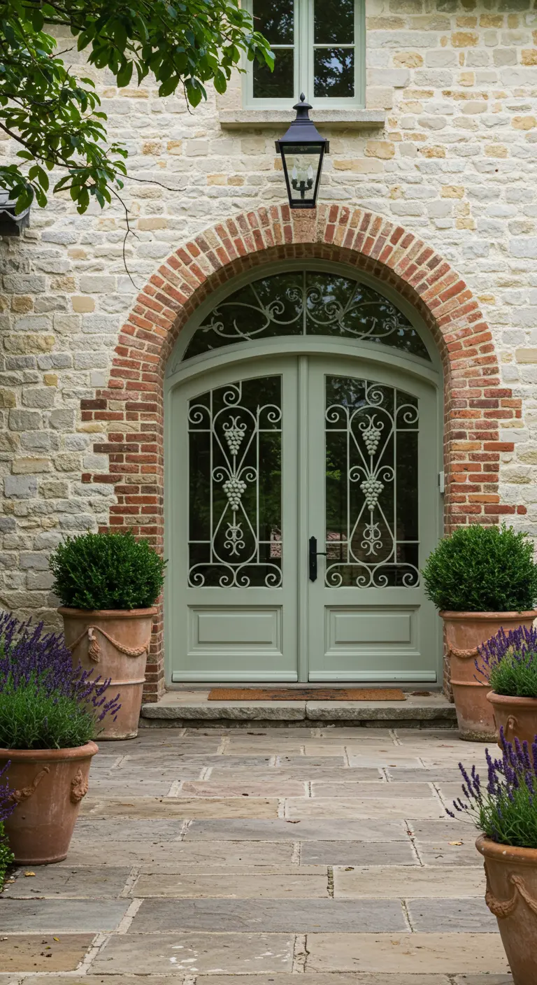 Entrada de estilo francés con puerta verde, arco de ladrillo y macetas con lavanda y boj.
