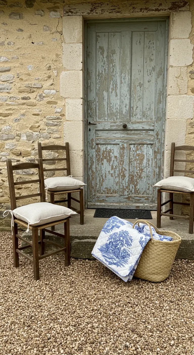 Escalones de piedra con sillas de madera y cojines de lino, y una manta Toile de Jouy.