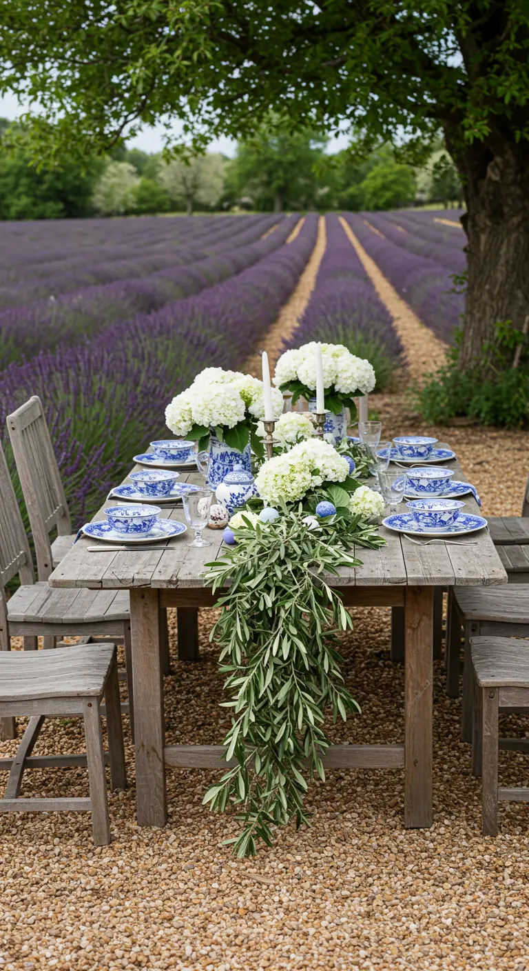 Mesa de madera en un campo de lavanda con centro de mesa de hortensias blancas.