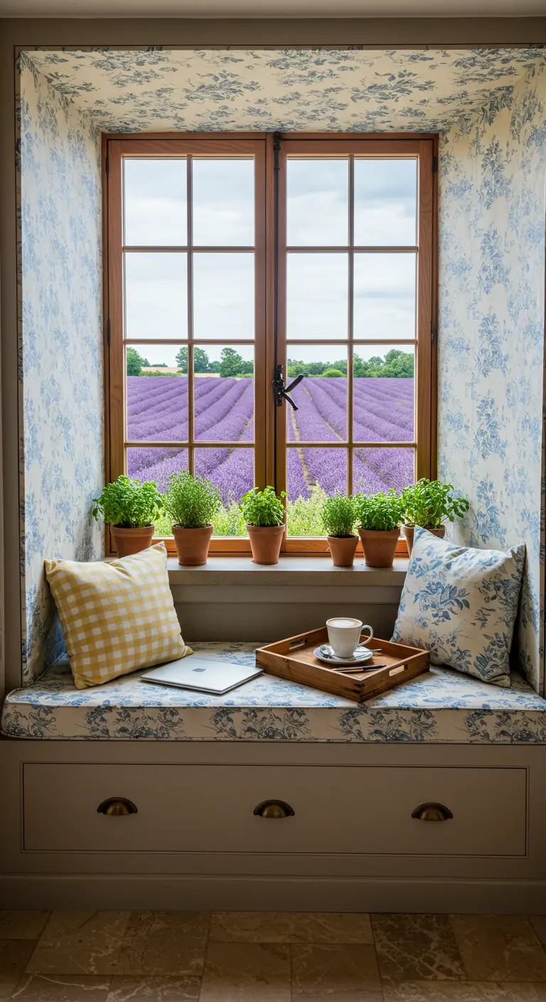 Rincón de trabajo provenzal con papel tapiz floral y vistas a un campo de lavanda.