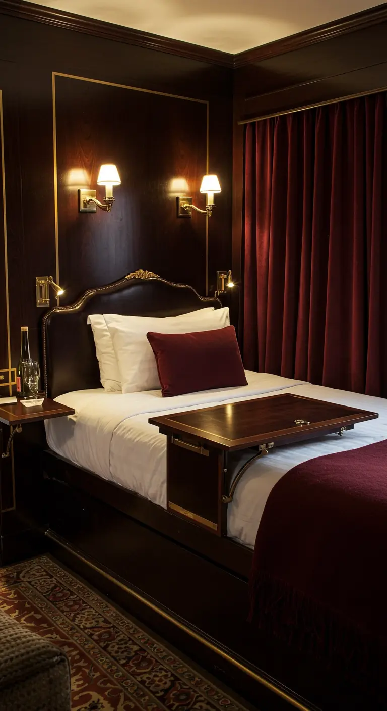 Dormitorio elegante inspirado en un tren de lujo, con madera oscura, cabecero de cuero y cortinas de terciopelo.