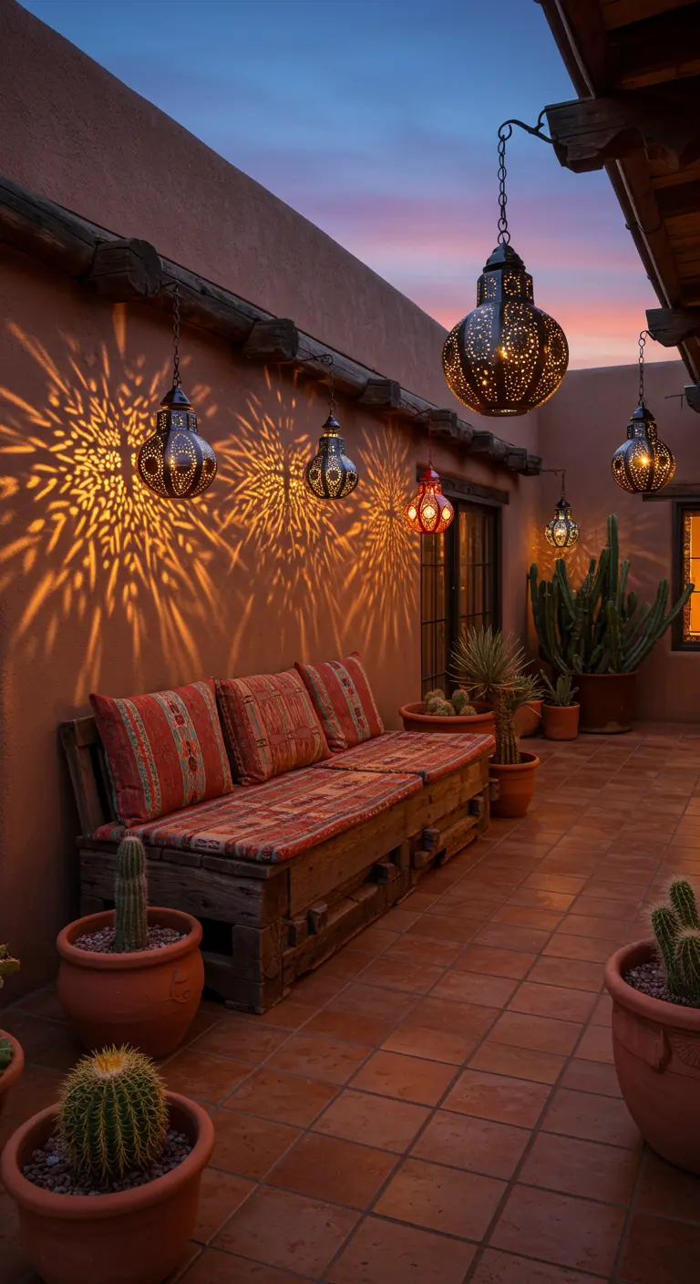 Patio de estilo desértico con un banco de madera, cactus y faroles marroquíes que proyectan luz.