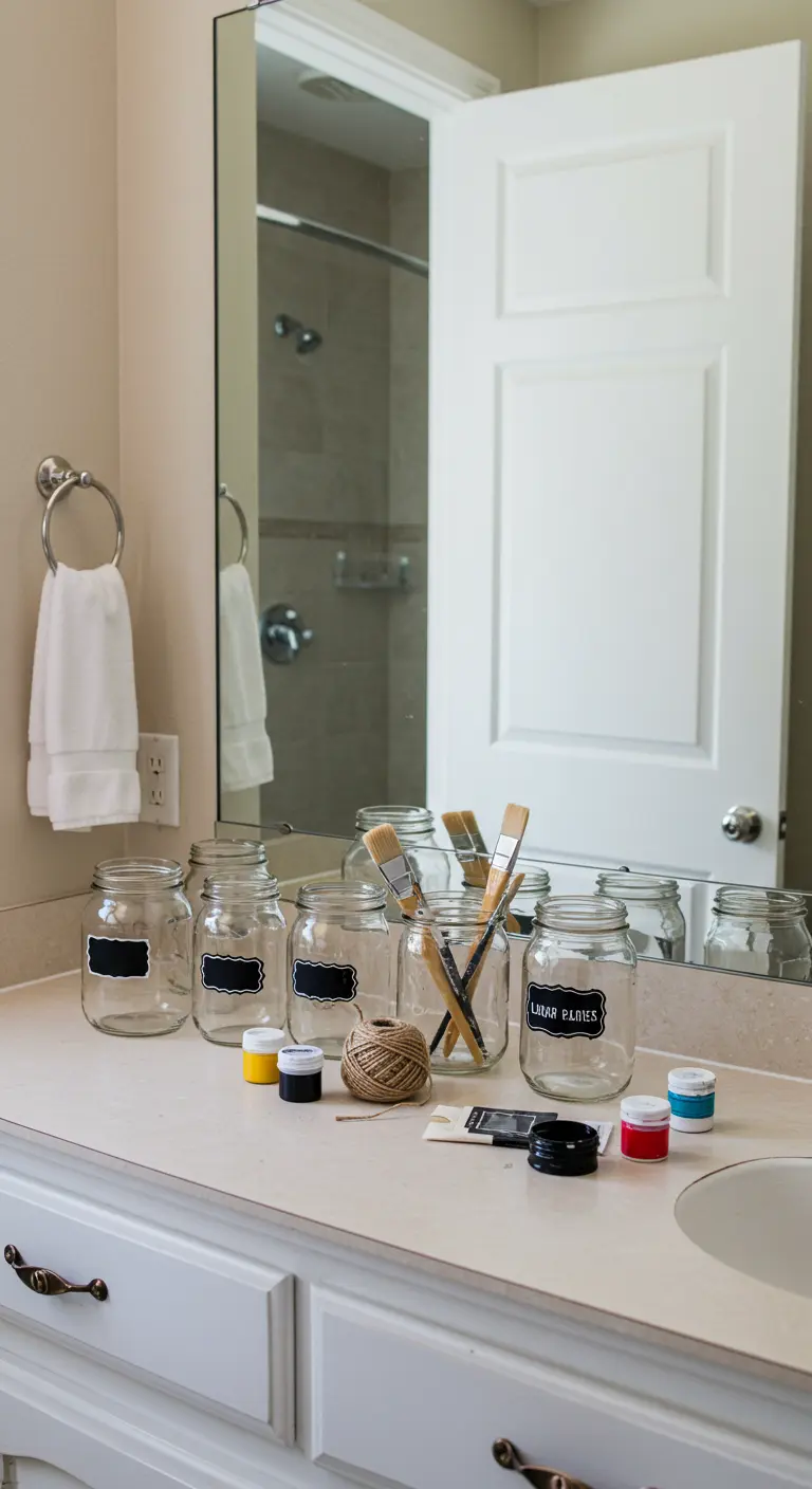 Frascos de vidrio con etiquetas de pizarra sin escribir, listos para un proyecto DIY.