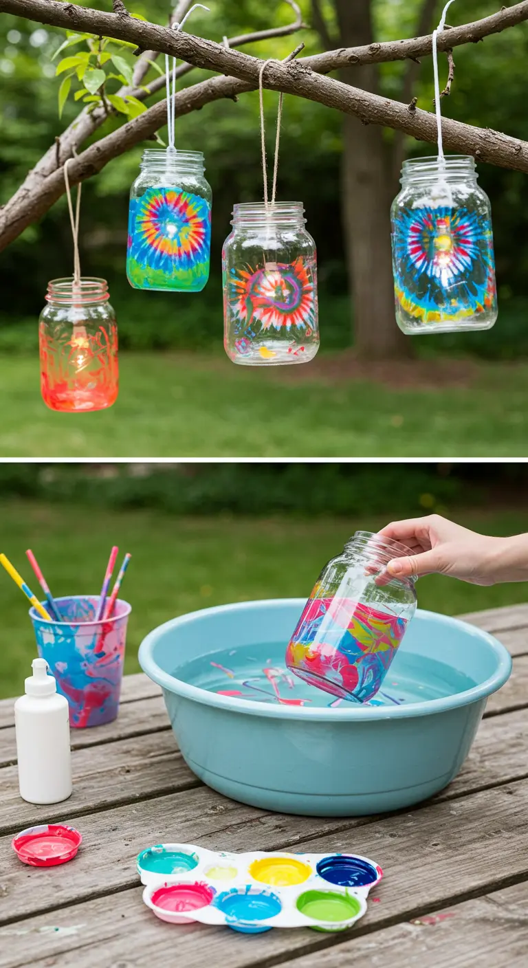 Frascos colgantes decorados con una técnica de marmoleado tie-dye de colores vivos.