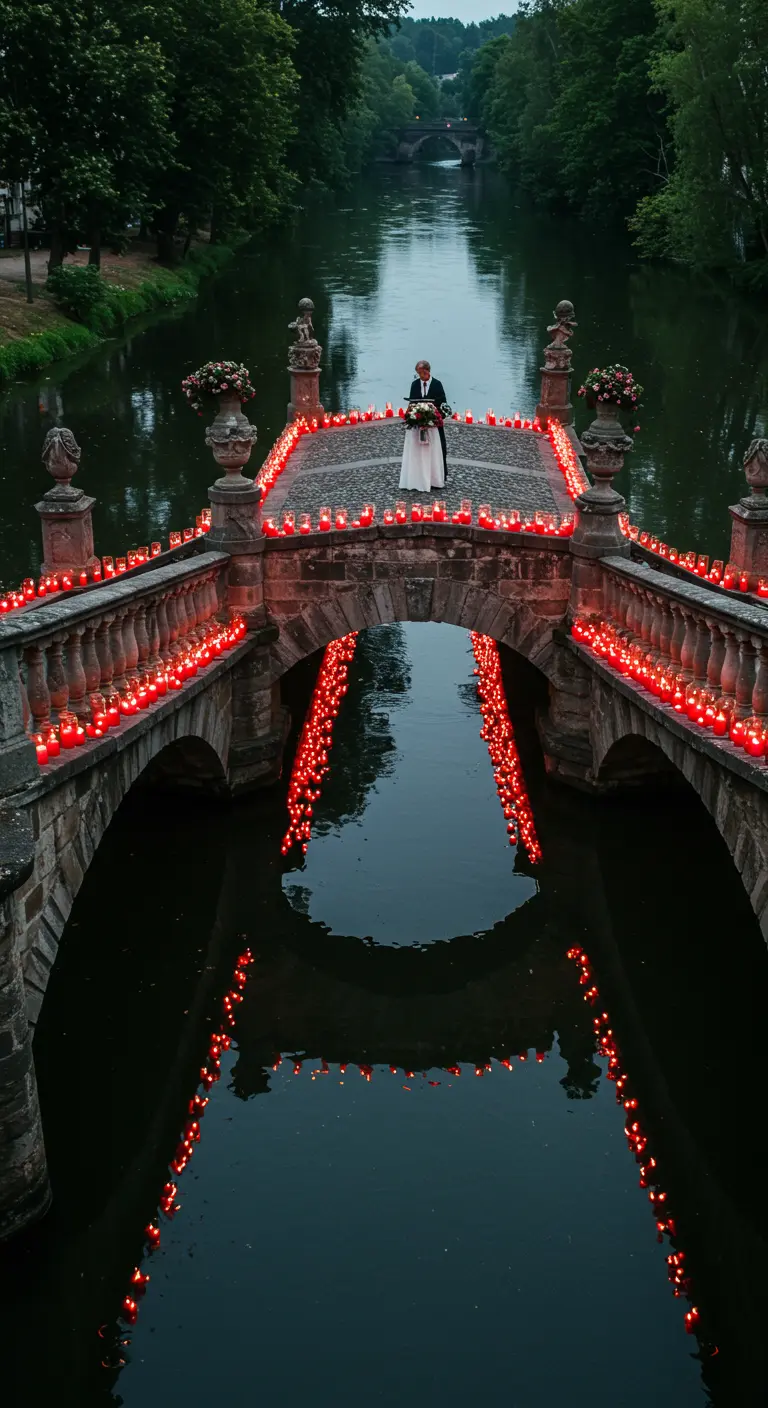 Pareja de novios en un puente de piedra antiguo completamente bordeado de velas rojas.
