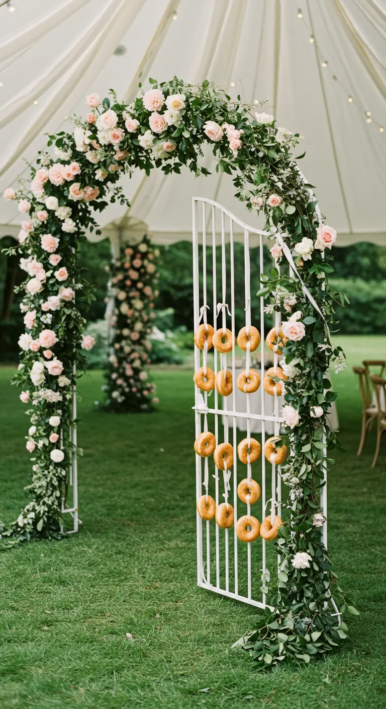 Arco de jardín blanco decorado con flores y donuts colgando, sirviendo como entrada a una carpa.