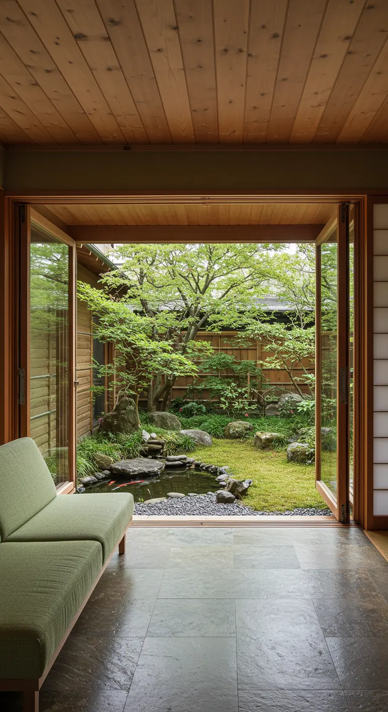 Sala con sofá verde y grandes puertas de cristal abiertas a un jardín japonés con estanque.