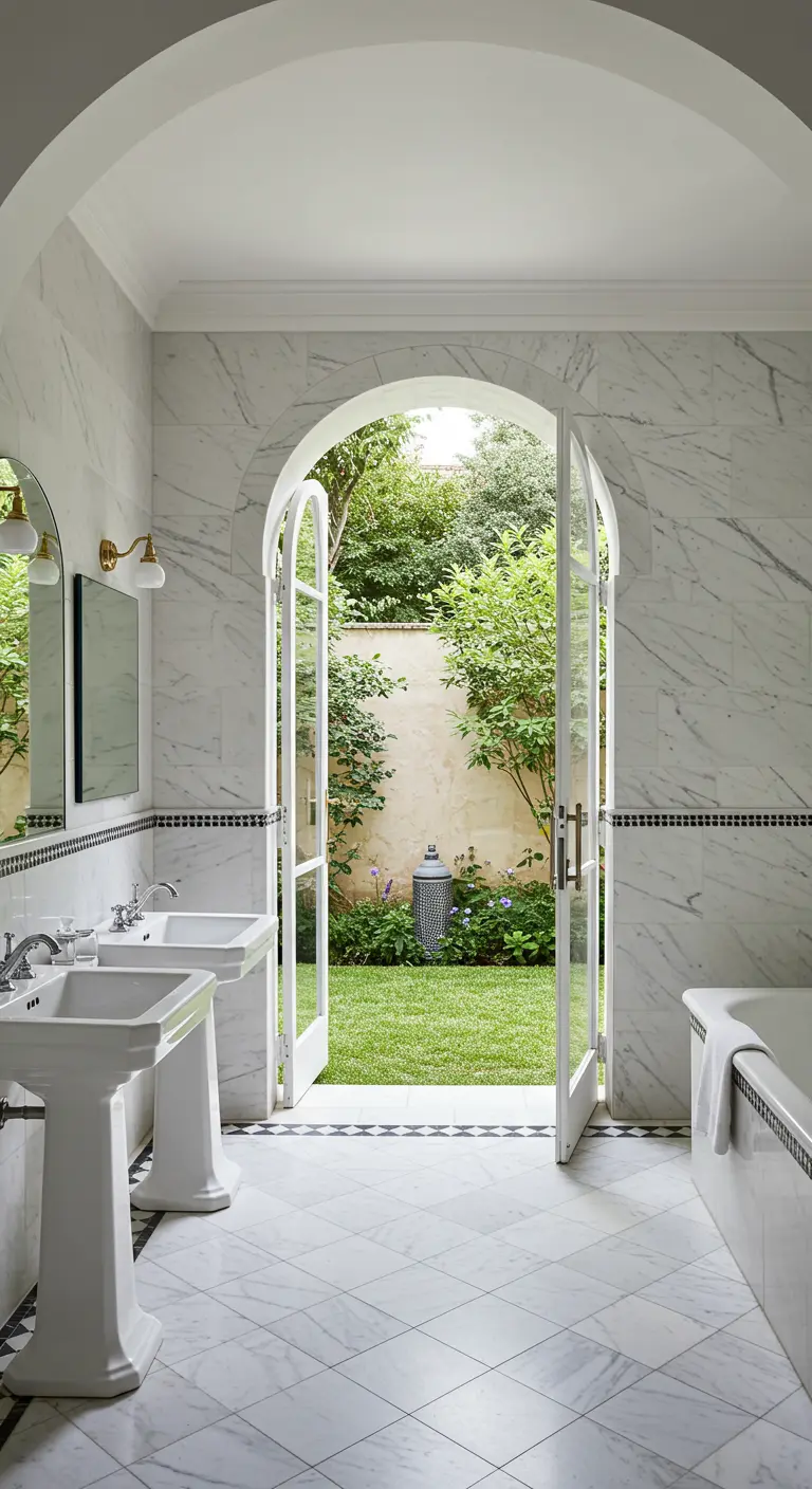 Baño de mármol blanco con puertas de arco de cristal que dan a un jardín verde
