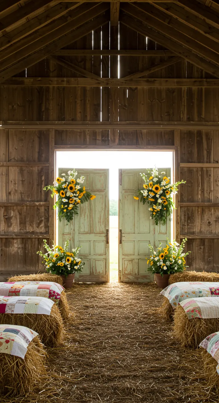 Entrada de granero con puertas verde menta y girasoles como altar de boda.