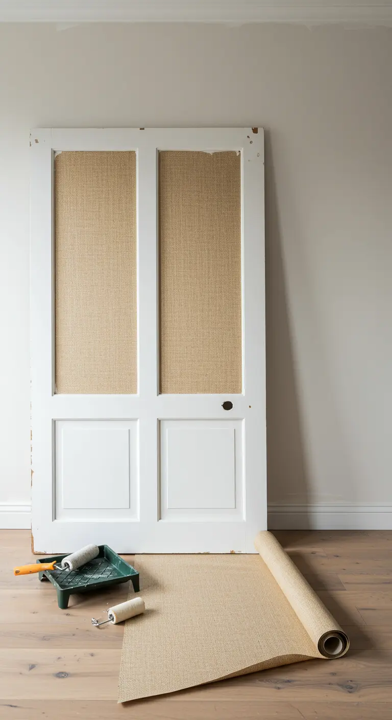 Puerta blanca de madera con los paneles superiores forrados en papel tapiz con textura de yute o arpillera.