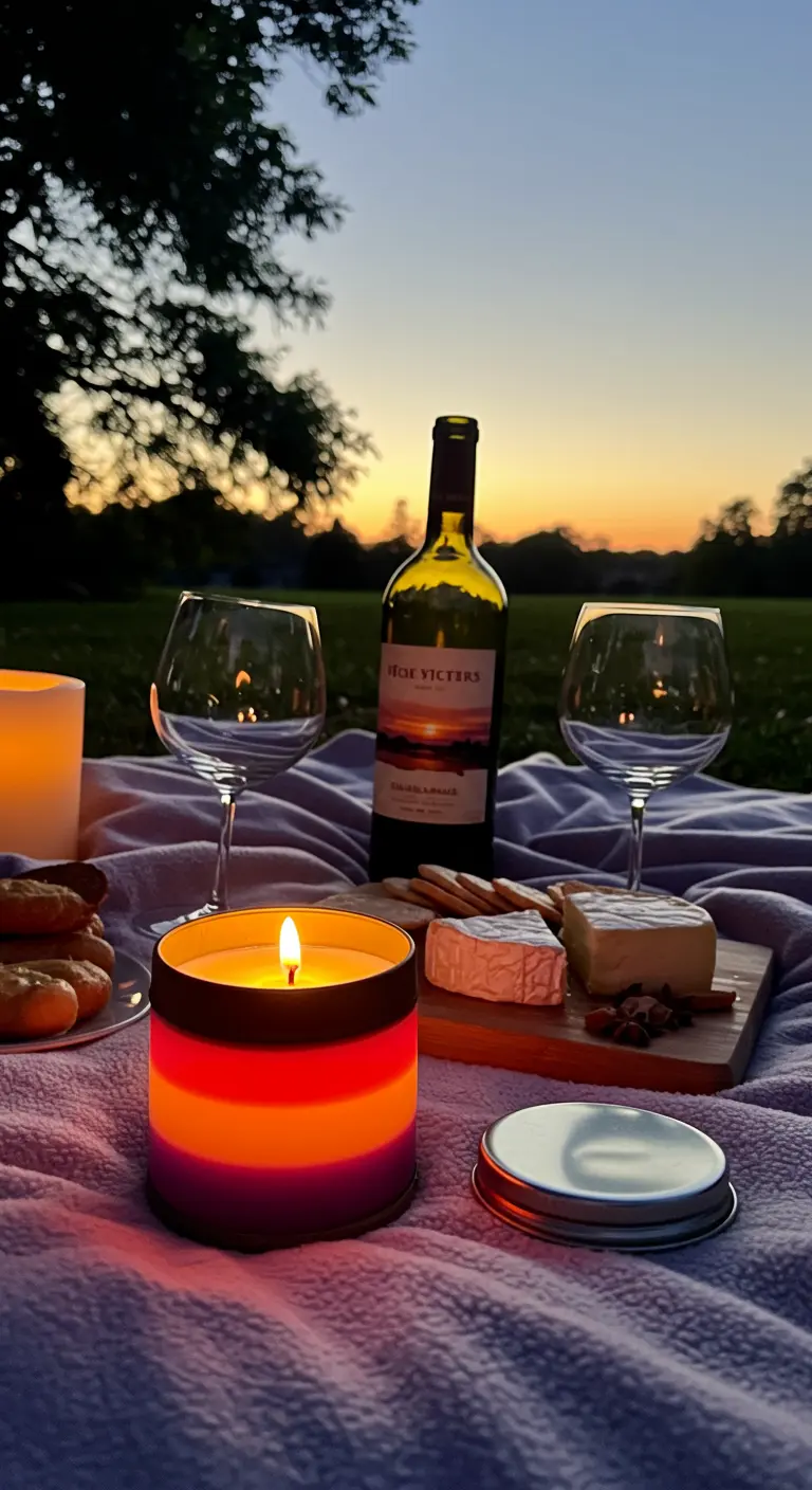 Vela de capas en tonos de atardecer dentro de una lata, en un pícnic al aire libre.